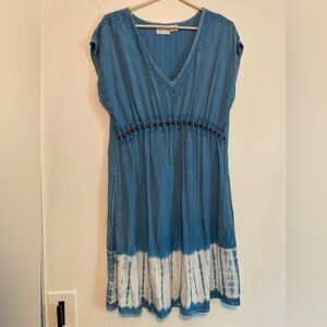Raya Sun Dress SZ L Sky Blue Cotton Blend wood beaded and embroidered